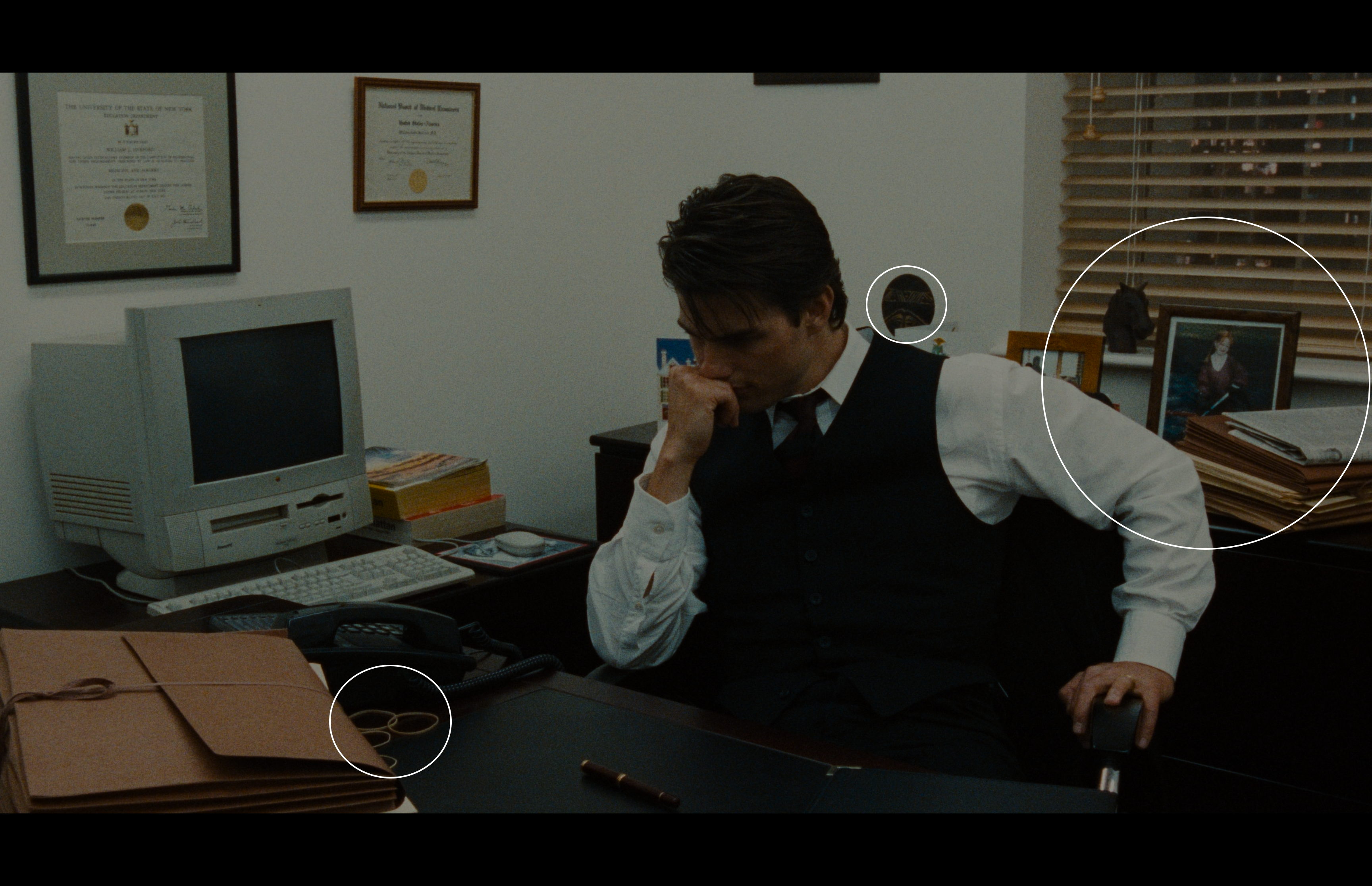 Bill in office aligned with mask; horse symbol subtly absent (Office 4).