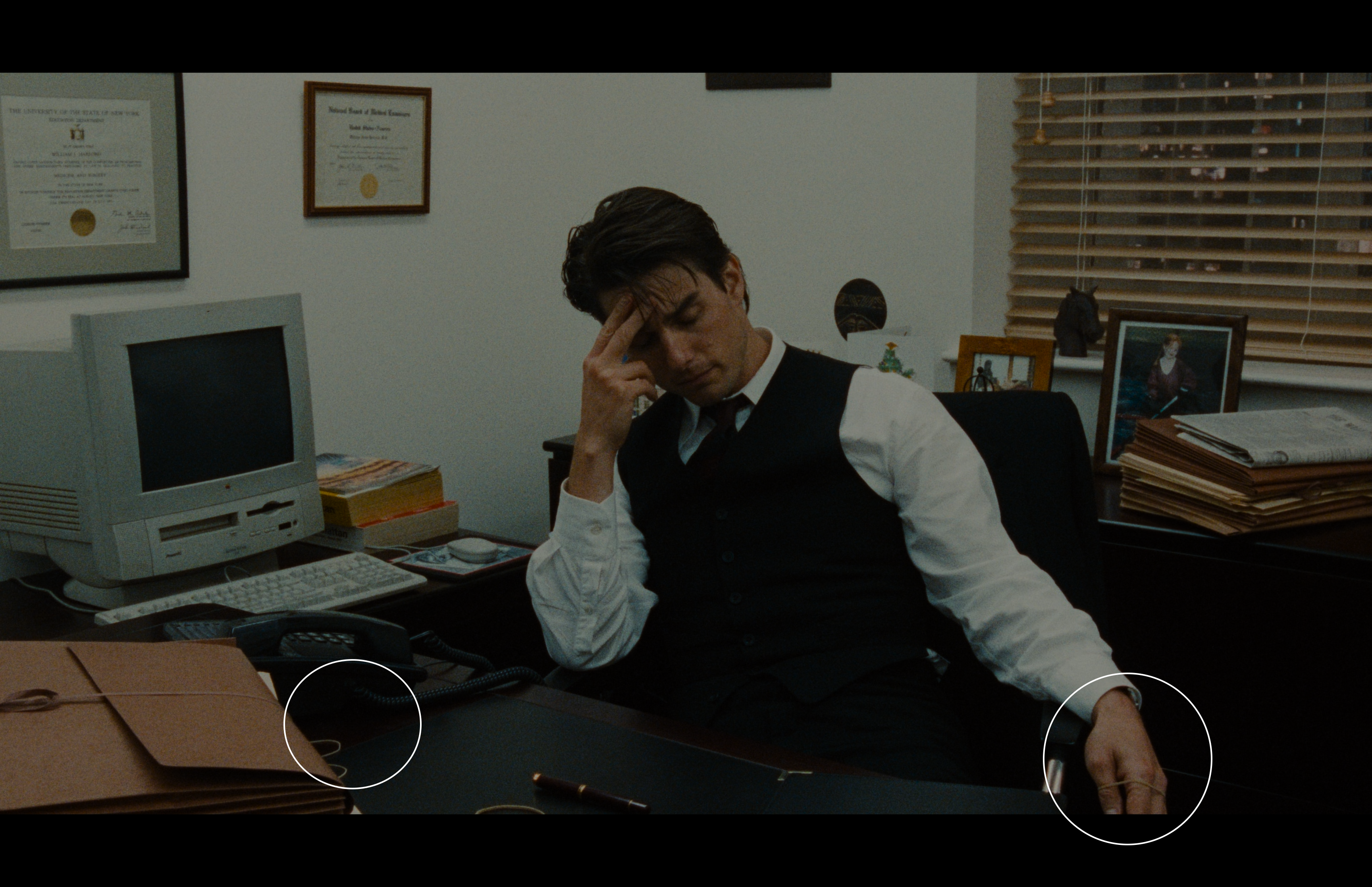 Bill’s office — rubber band on fingers; mask/horse/Helena composition (Office 5).